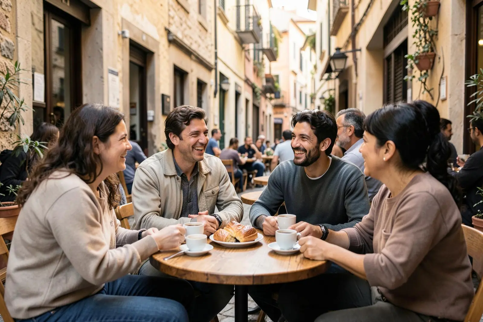 Personas conociéndose y conversando mientras toman un café