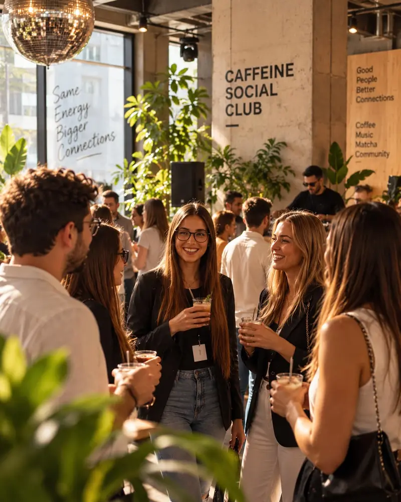 Grupo diverso de personas socializando en un evento de Caffeine Social Club