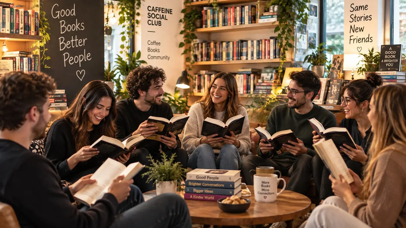 Grupo de personas leyendo y conversando en un club de lectura de Caffeine Social Club